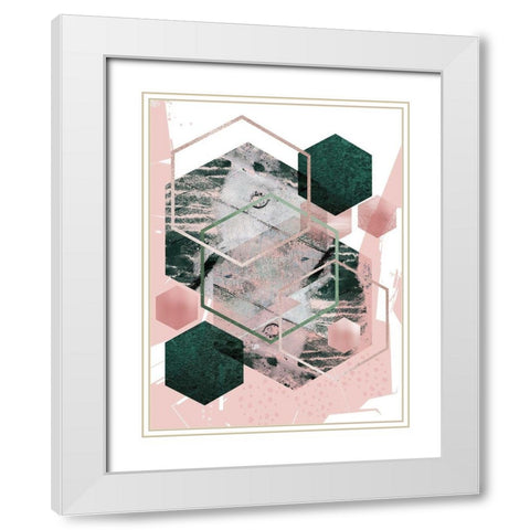 Pink Green Geo Hex White Modern Wood Framed Art Print with Double Matting by Urban Epiphany