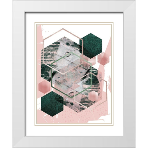 Pink Green Geo Hex White Modern Wood Framed Art Print with Double Matting by Urban Epiphany