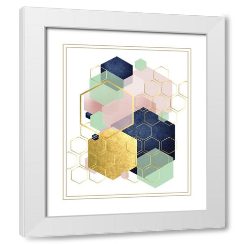 Gold Blush Navy Mint Hexagonal White Modern Wood Framed Art Print with Double Matting by Urban Epiphany