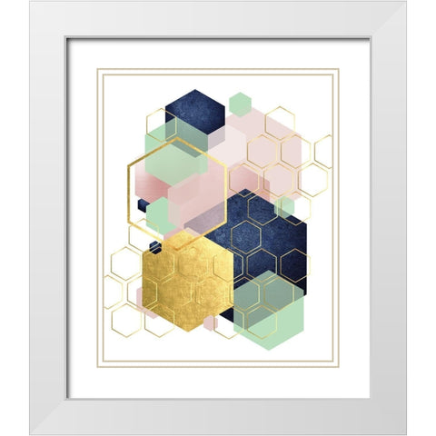 Gold Blush Navy Mint Hexagonal White Modern Wood Framed Art Print with Double Matting by Urban Epiphany