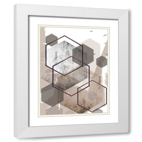 Abstract Hexagons Beige White Modern Wood Framed Art Print with Double Matting by Urban Epiphany