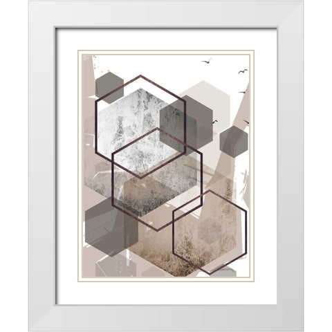 Abstract Hexagons Beige White Modern Wood Framed Art Print with Double Matting by Urban Epiphany