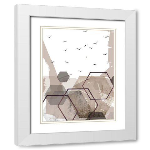 Abstract Hexagons Beige White Modern Wood Framed Art Print with Double Matting by Urban Epiphany