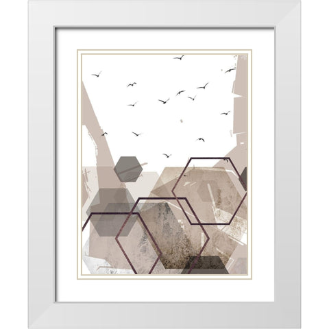 Abstract Hexagons Beige White Modern Wood Framed Art Print with Double Matting by Urban Epiphany