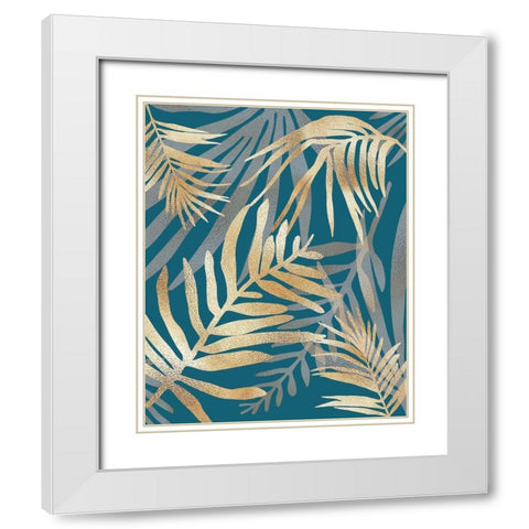 Glam Leaves Teal White Modern Wood Framed Art Print with Double Matting by Urban Epiphany