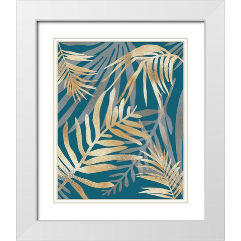 Glam Leaves Teal White Modern Wood Framed Art Print with Double Matting by Urban Epiphany