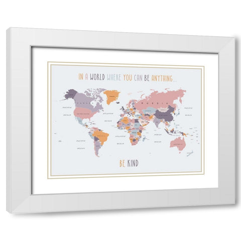 Be Kind World Map 4 White Modern Wood Framed Art Print with Double Matting by Urban Epiphany