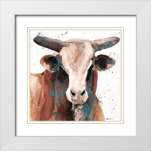 Splashed Blue Bull White Modern Wood Framed Art Print with Double Matting by Brown, Victoria