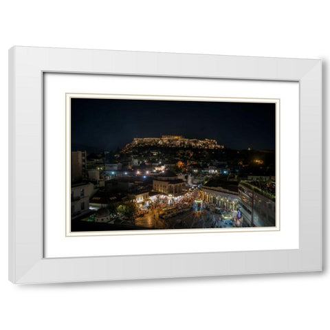 Greece Athens Acropolis Night 1 White Modern Wood Framed Art Print with Double Matting by Kostka, Vladimir