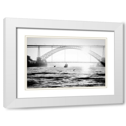 Portugal Porto BW Bridge White Modern Wood Framed Art Print with Double Matting by Kostka, Vladimir