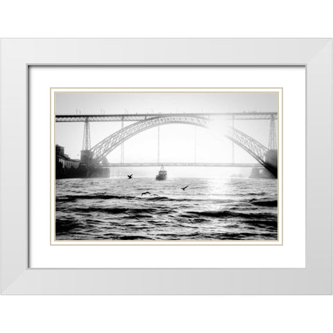 Portugal Porto BW Bridge White Modern Wood Framed Art Print with Double Matting by Kostka, Vladimir