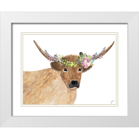 Steer Head Floral White Modern Wood Framed Art Print with Double Matting by Barski, Karen