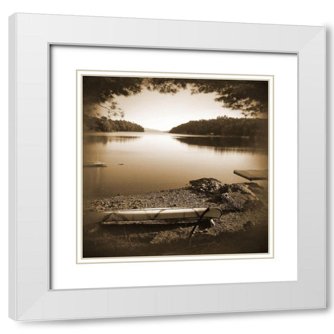 Canoe on Shore Sepia 1 White Modern Wood Framed Art Print with Double Matting by Foschino, Suzanne