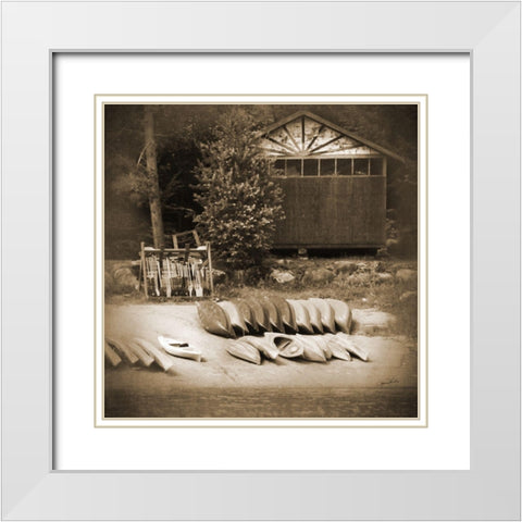 Sepia Lake Canoe House White Modern Wood Framed Art Print with Double Matting by Foschino, Suzanne