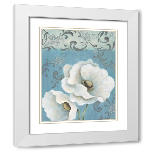 Poppies on Blue II White Modern Wood Framed Art Print with Double Matting by Tava Studios