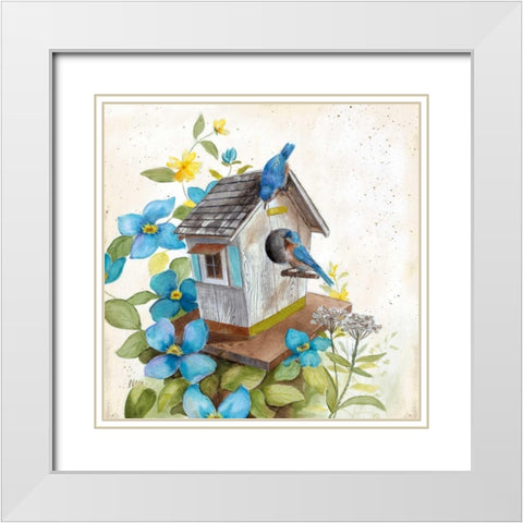 Bluebirds White Modern Wood Framed Art Print with Double Matting by Nan