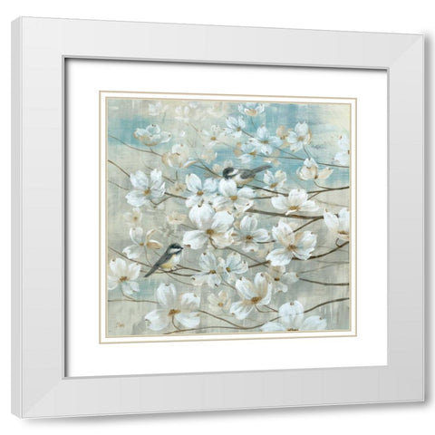 Chickadees and Dogwood White Modern Wood Framed Art Print with Double Matting by Nan