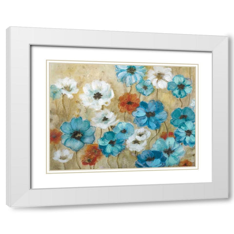 Blue Flower Field White Modern Wood Framed Art Print with Double Matting by Robinson, Carol