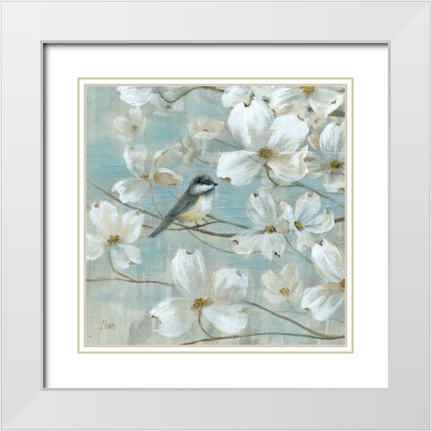 Chickadees and Dogwood White Modern Wood Framed Art Print with Double Matting by Nan