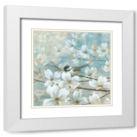 Chickadees and Dogwood White Modern Wood Framed Art Print with Double Matting by Nan