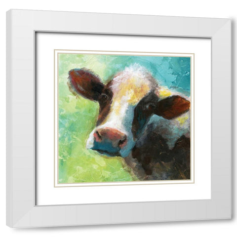 Colorful Quirky Cow White Modern Wood Framed Art Print with Double Matting by Nan