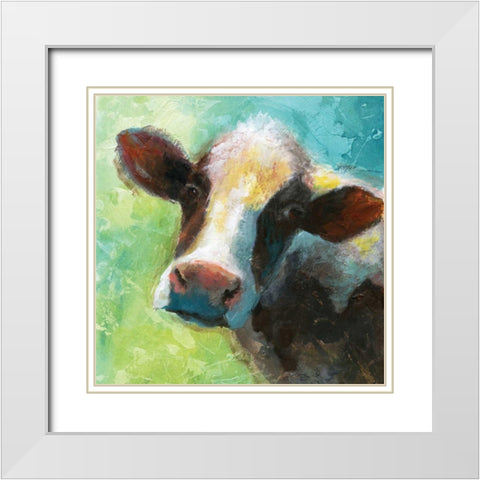 Colorful Quirky Cow White Modern Wood Framed Art Print with Double Matting by Nan