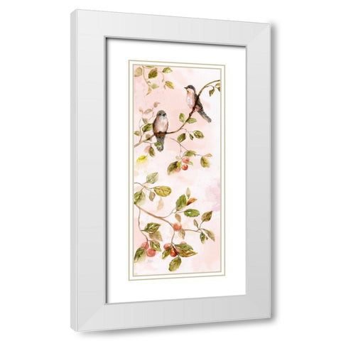 Birds and Blush Blossoms I White Modern Wood Framed Art Print with Double Matting by Nan