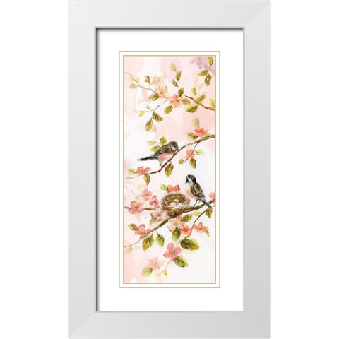 Birds and Blush Blossoms II White Modern Wood Framed Art Print with Double Matting by Nan