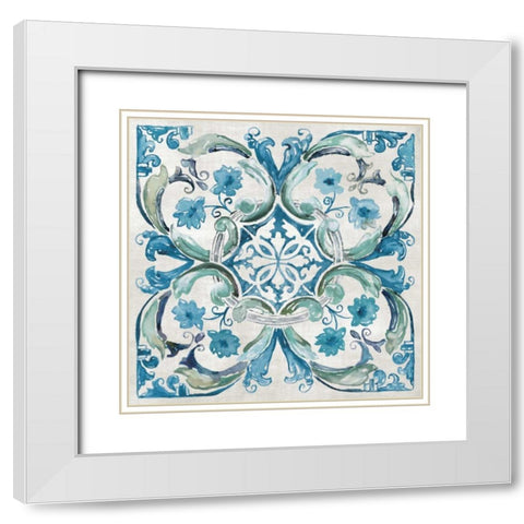 Carribean Tile I White Modern Wood Framed Art Print with Double Matting by Nan