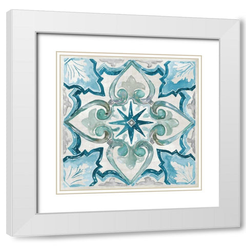 Carribean Tile II White Modern Wood Framed Art Print with Double Matting by Nan