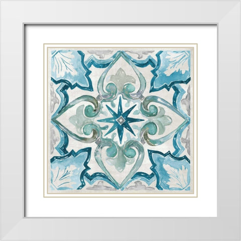 Carribean Tile II White Modern Wood Framed Art Print with Double Matting by Nan