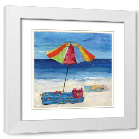 Bright Beach Umbrella I White Modern Wood Framed Art Print with Double Matting by Nan