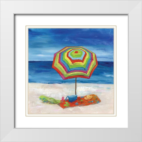 Bright Beach Umbrella II White Modern Wood Framed Art Print with Double Matting by Nan