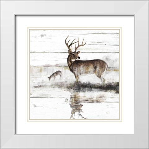 Rustic Misty Deer White Modern Wood Framed Art Print with Double Matting by Manning, Ruane