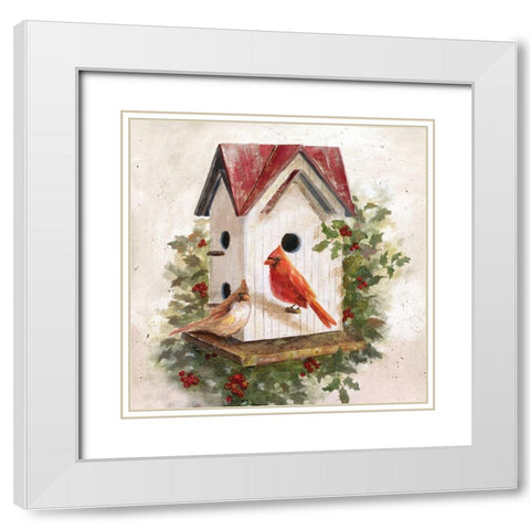 Holly Berry Birdhouse White Modern Wood Framed Art Print with Double Matting by Nan