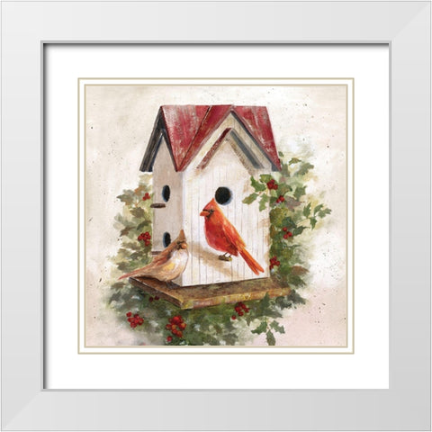 Holly Berry Birdhouse White Modern Wood Framed Art Print with Double Matting by Nan