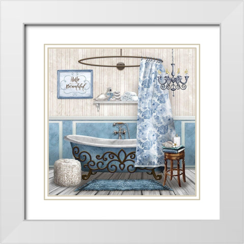 Blue Bath Retreat White Modern Wood Framed Art Print with Double Matting by Knutsen, Conrad