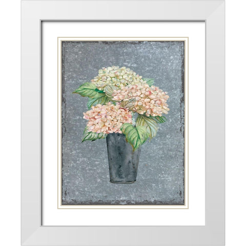 Hydrangea on Galvanized Metal White Modern Wood Framed Art Print with Double Matting by Robinson, Carol