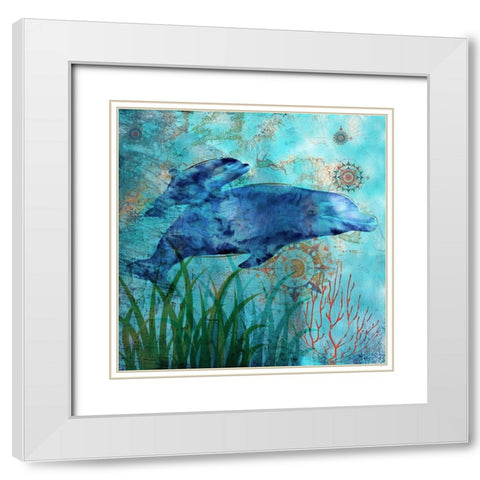 Deep Sea Dolphins White Modern Wood Framed Art Print with Double Matting by Nan