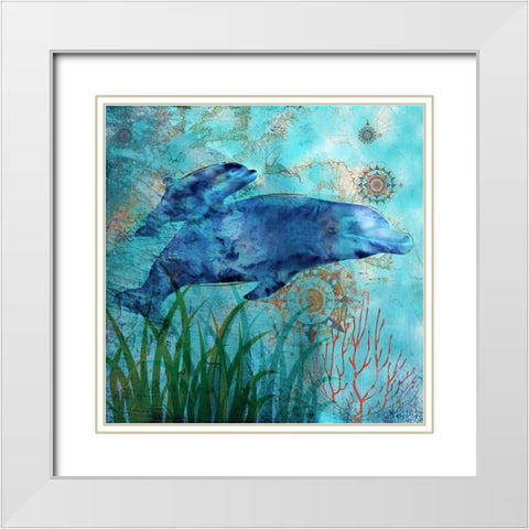 Deep Sea Dolphins White Modern Wood Framed Art Print with Double Matting by Nan