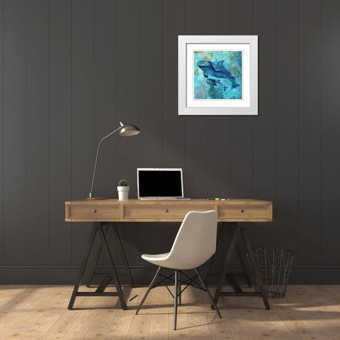 Deep Sea Whales White Modern Wood Framed Art Print with Double Matting by Nan