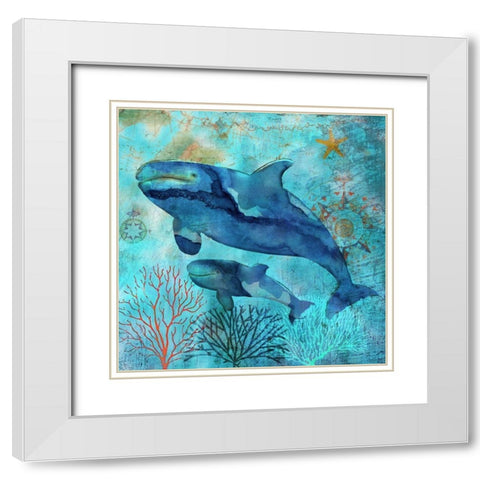 Deep Sea Whales White Modern Wood Framed Art Print with Double Matting by Nan