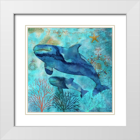 Deep Sea Whales White Modern Wood Framed Art Print with Double Matting by Nan