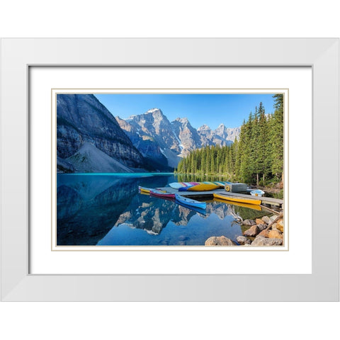 Banff Canoe Dock White Modern Wood Framed Art Print with Double Matting by Delimont, Danita