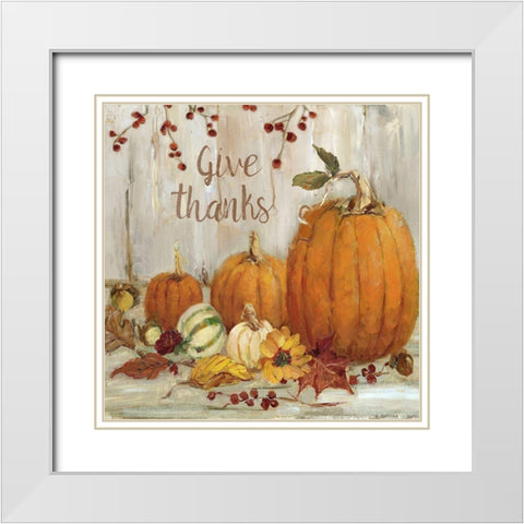 Pumpkin Patch Give Thanks White Modern Wood Framed Art Print with Double Matting by Swatland, Sally