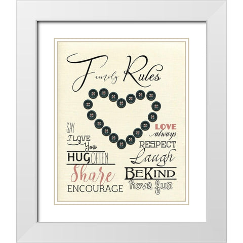 Family Rules Buttons White Modern Wood Framed Art Print with Double Matting by Santiago, Daniela