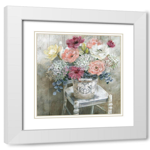 Quaint Cottage Bouquet White Modern Wood Framed Art Print with Double Matting by Nan