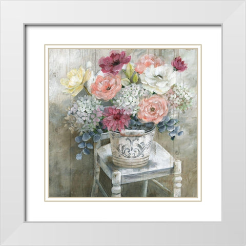 Quaint Cottage Bouquet White Modern Wood Framed Art Print with Double Matting by Nan