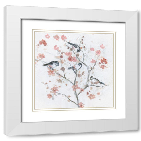 Chickadees In Spring II White Modern Wood Framed Art Print with Double Matting by Nan