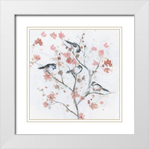 Chickadees In Spring II White Modern Wood Framed Art Print with Double Matting by Nan